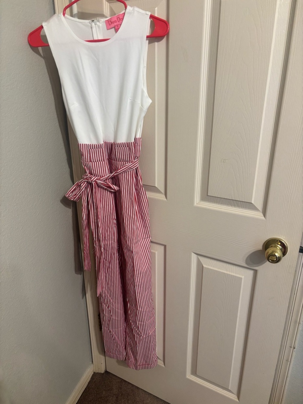 New York & Company White and Red Striped Jumpsuit